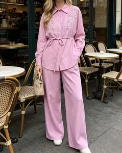 Women's 2-Piece Casual Cotton-Polyester Clothing Set - Lady's Floral or Solid Embroidered Shirt & Wide-Leg Pants