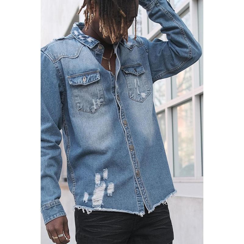 VICTORIOUS Distressed Denim Shirt – Heavyweight Button-Up with Pockets