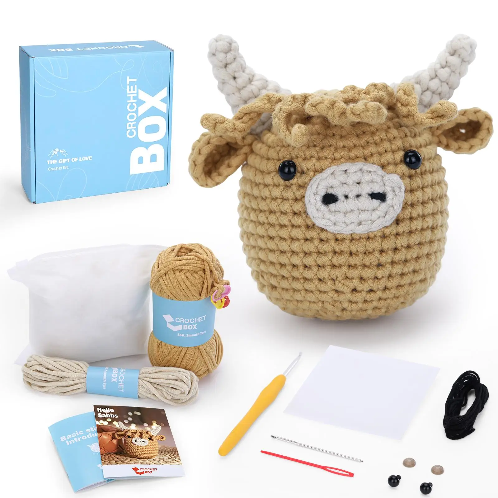 Highland Cow Crochet Kit, 1 Set DIY Highland Cow Beginners Crochet Kit, Including Soft Yarn, Step-by-Step Video Tutorial, Hook, Holiday Birthday Gift