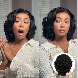 [$79] QTHAIR 250% density Wig Pre-Layered Cut Loose Wave Wig Mature Boss Natural Black Short Wig Blow out Bouncy Curly Wig 13x4 HD Lace Front Human Hair Wig For Black Women High-Quality Hair French Curl