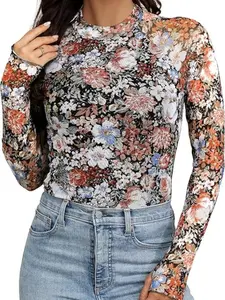 Women's Fitted Mesh Lace Long-Sleeve Blouse - Chic Stand-Up Collar, Floral Pattern, Feminine Elegance for Sexy Evening Wear