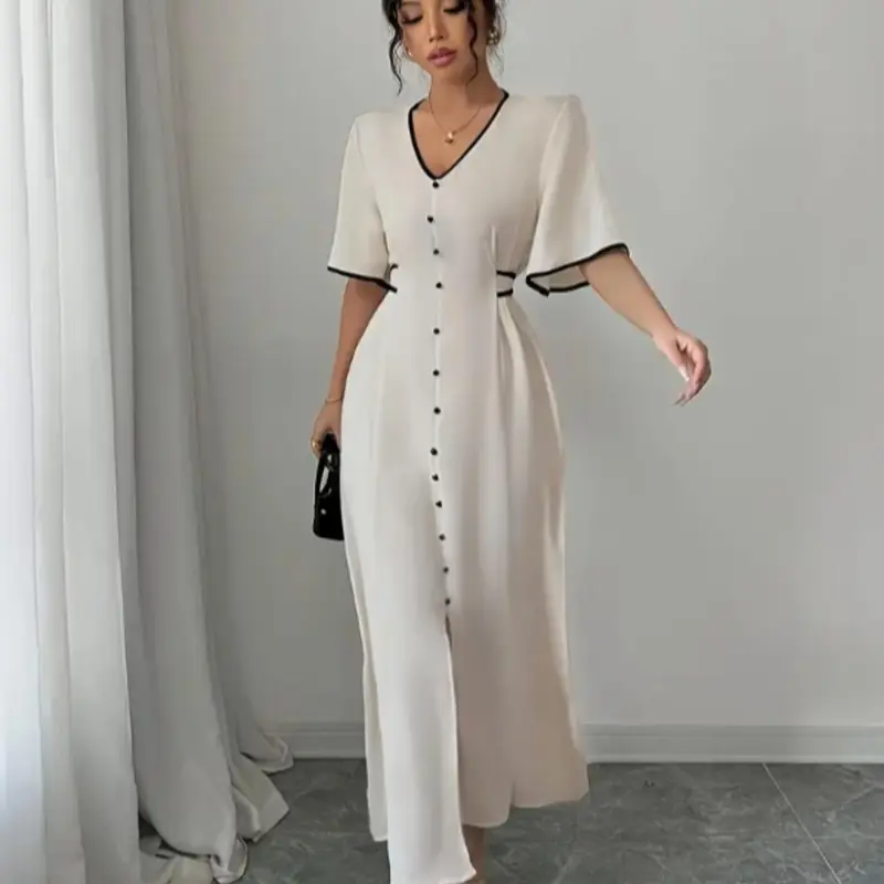 Women's Contrast Binding V Neck Lady Dress, Chic Elegant Dress, Elegant Minimalist Basic Fashion Casual Dress for Daily Outdoor Wear, Summer Clothes Women Gowns Womenswear