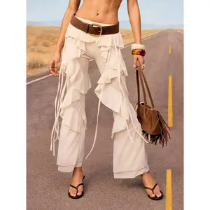 Cider Chiffon Low Rise Knotted Ruffled Flared Trousers