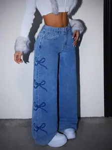 Blue Denim Jeans High Street Y2K Bow Tie Long Pants Loose Fashion High Waisted Wide Leg, Casual Button Fly, All Seasons