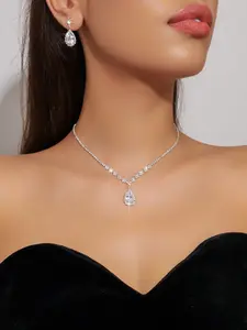 Women's Elegant Water Drop Shaped Pendant Necklace & Stud Earrings, Exquisite Trendy Jewelry Set, Fashionable Accessories for Party & Daily Clothing Decor