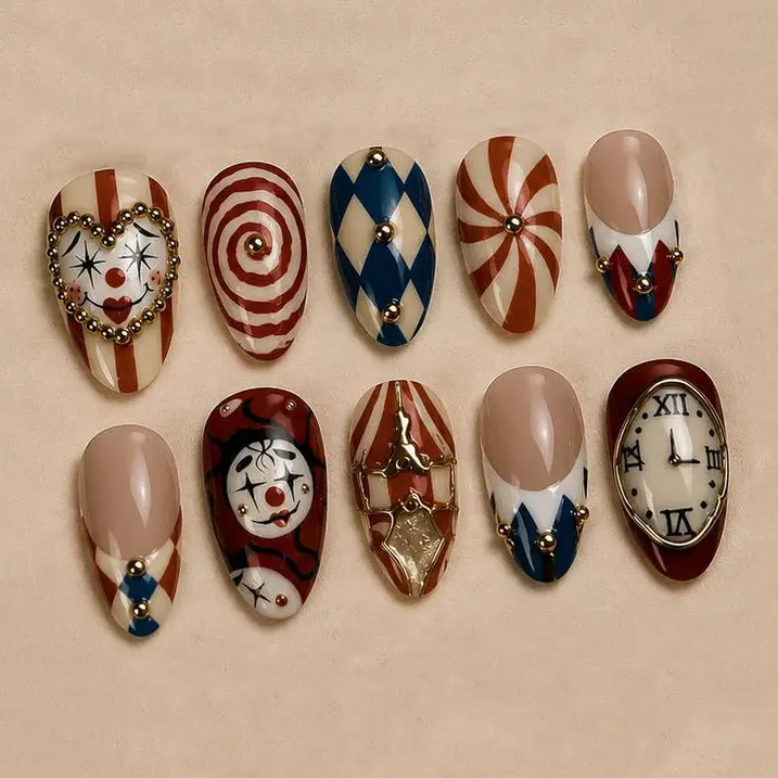 Creepy Clown Press On Nails, Clowncore Halloween Nail Set, Vintage Horror Handmade Nails, Horror Carnival Statement Nails Halloween Nail Set