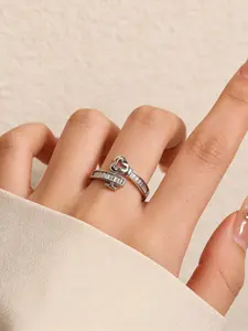 Silver Color Heart Lock Rhinestone Open Ring, Luxury High-End Design, Unique Personality Ring, Commute Date Accessory