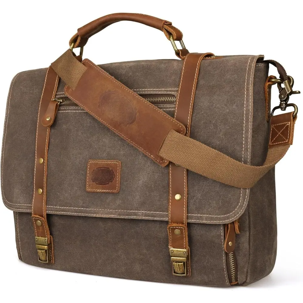 Laptop Messenger bag for Mens 15.6 Inch, Waterproof Vintage Genuine Leather Mens Briefcase shoulder bag 16 Storage Pockets, Waxed Canvas Leather Computer Business Satchel Work Bag (Brown)