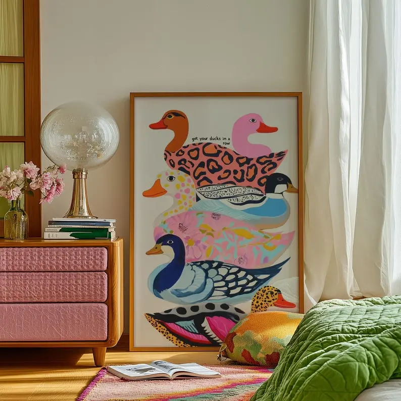 Wall Art, Funny Poster, Ducks Wall Art, Funny Poster, Colorful Ducks Print, Trendy Animal Pattern Decor, Kitsch Dopamine Art, Decoration, Border