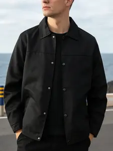 Men's Casual Jacket, Button Front with Snap Closure, Collar Design, Simple Business Style, 100% Polyester, Spring & Fall, Coats, Casual Wear Coat