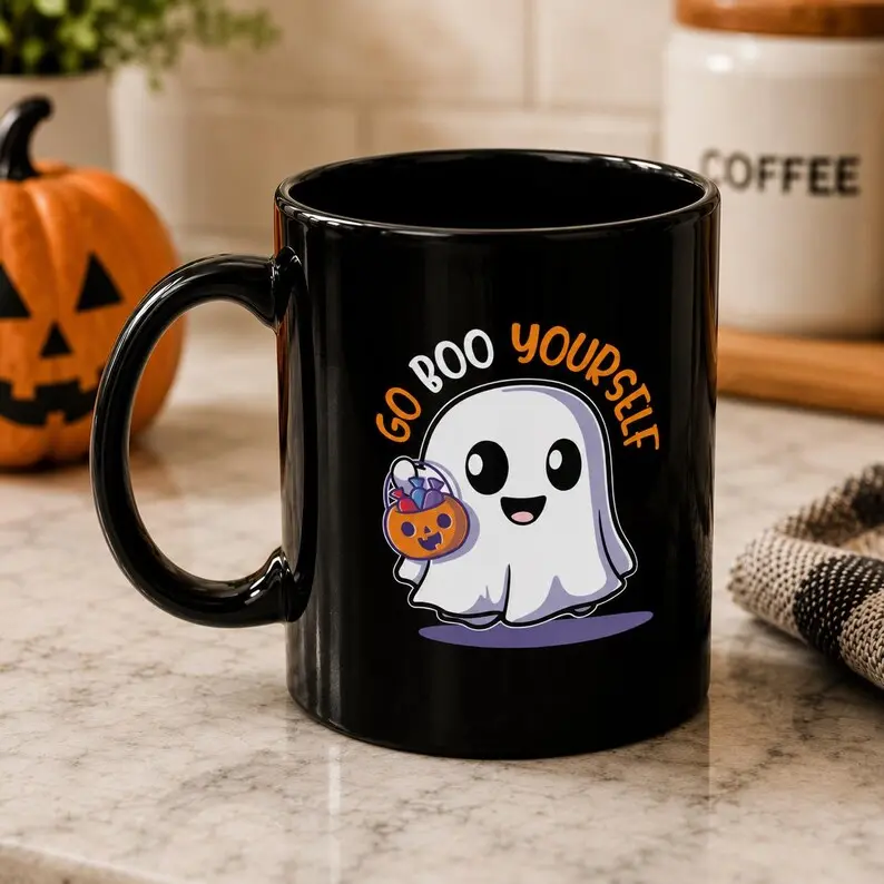 Funny Ghost Black Mug Halloween Coffee Mug Cute Spooky Ghost Cup Halloween Gift For Ghost Lovers