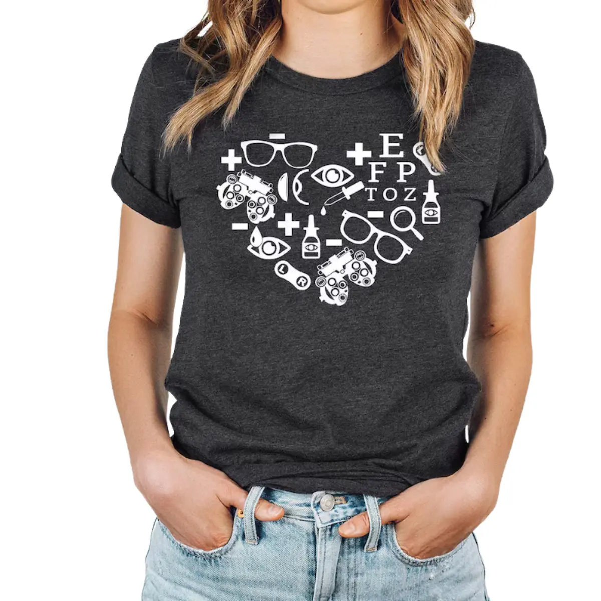 Optometry Heart Shirt – Cute Eye Doctor Tee, Gift for Optometrist, Optician, Ophthalmic Tech, Vision Care Graphic T-Shirt Cotton Fit Top Womenswear Tshirt
