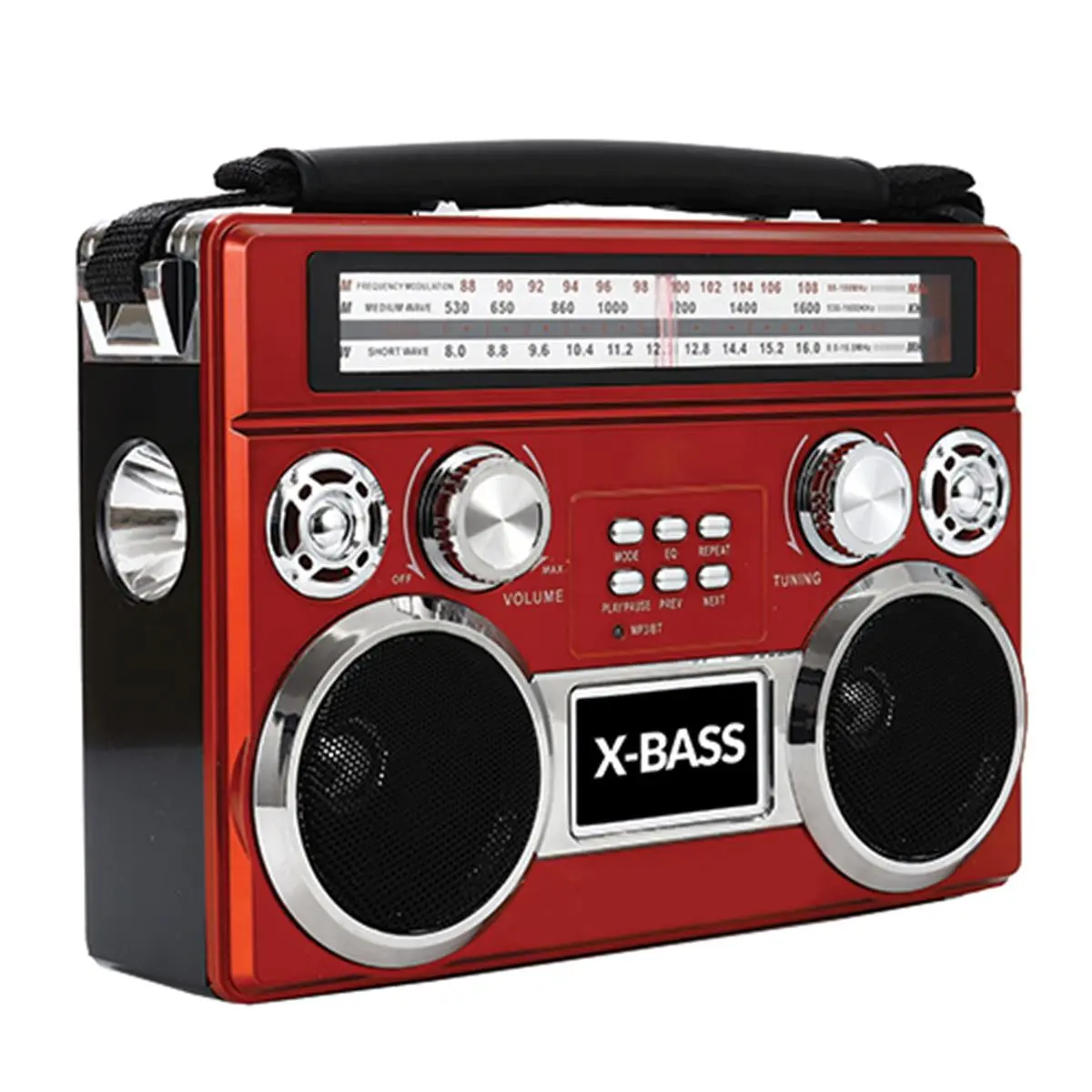 212 MAIN 3-Band AM/FM/SW Radio - Portable Rechargeable Speaker with Bluetooth, Flashlight, USB, AUX Input, SD Support, MP3 Playback, Telescopic Antenna, Red Color, Included Strap