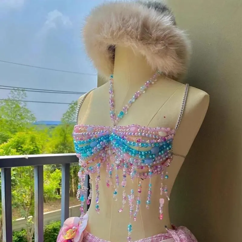 Women's Sleeveless Handmade Party Vest - Colorful Pearls, Ombre Beads, Bustier Camisole Bra Chain, Romantic Tank Top
