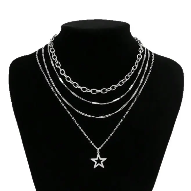 4-Piece Punk Style Star Pendant Necklace Set, Unique Layered Design, Ideal Gift for Punk Fashion Lovers, Modern Versatile Accessories, Streetwear Statement Jewelry