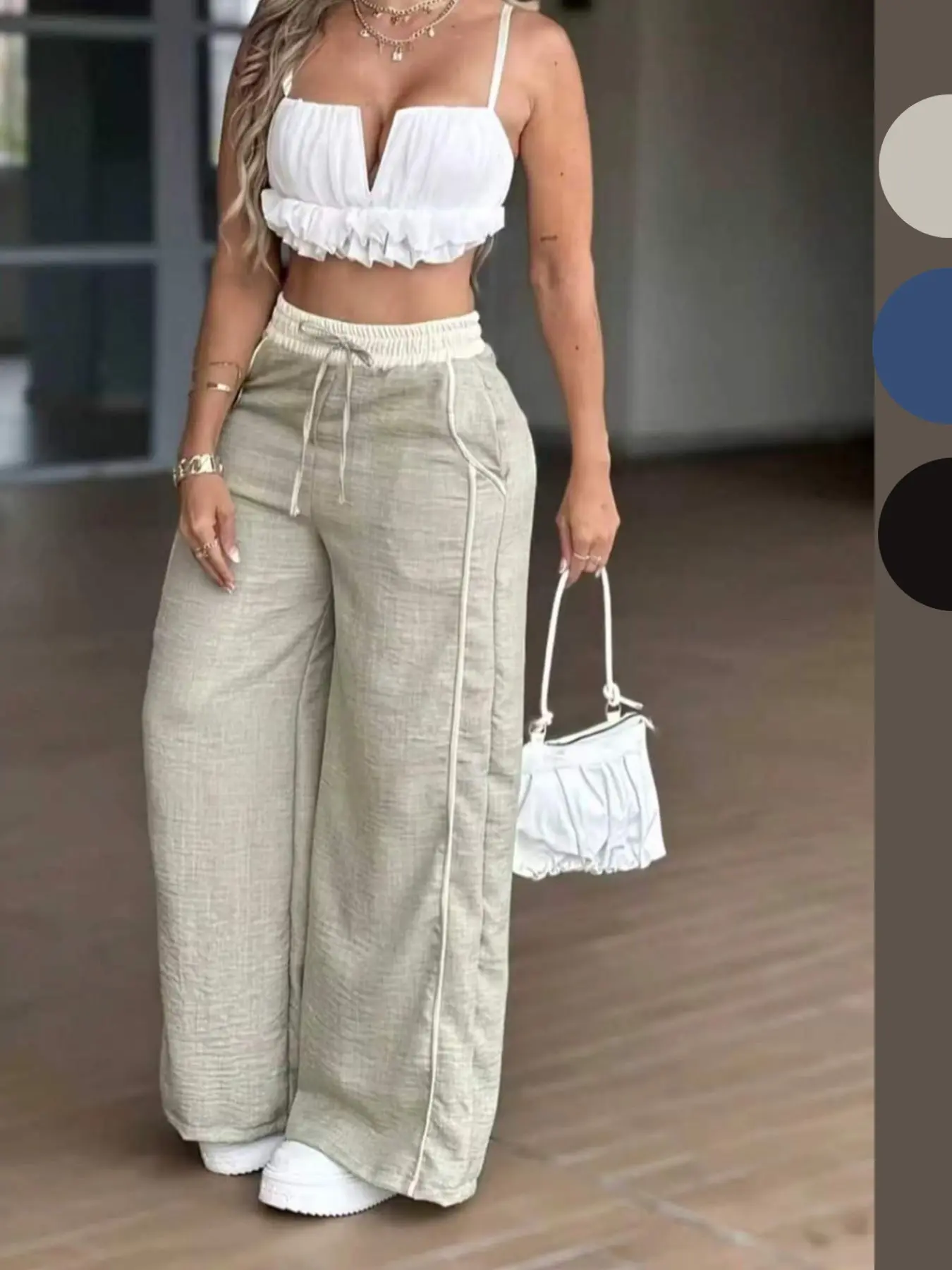 Women's High-Waisted Wide-Leg Pants, Loose Fit Drop Waist Button Design, Striped Pattern, Spring & Fall Season, Chic Casual Daily Wear