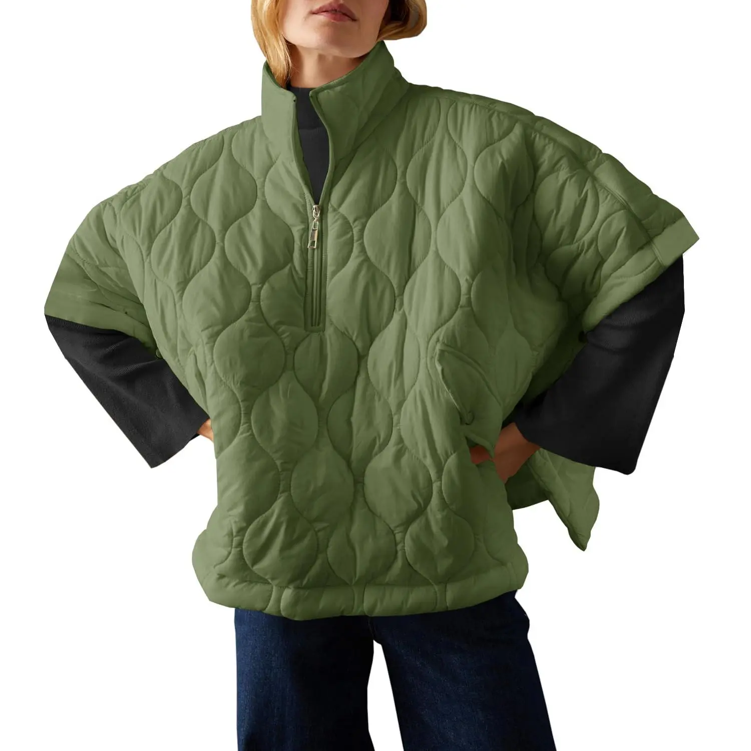 Women's Puffer Jacket, Quilted Oversized Half-Sleeve Lightweight Insulating Outerwear with Zipper, Pockets, and Button Hem