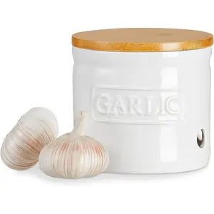 ONEMORE Garlic Keeper with Lid, Ceramic Garlic Saver 4 Inch, White