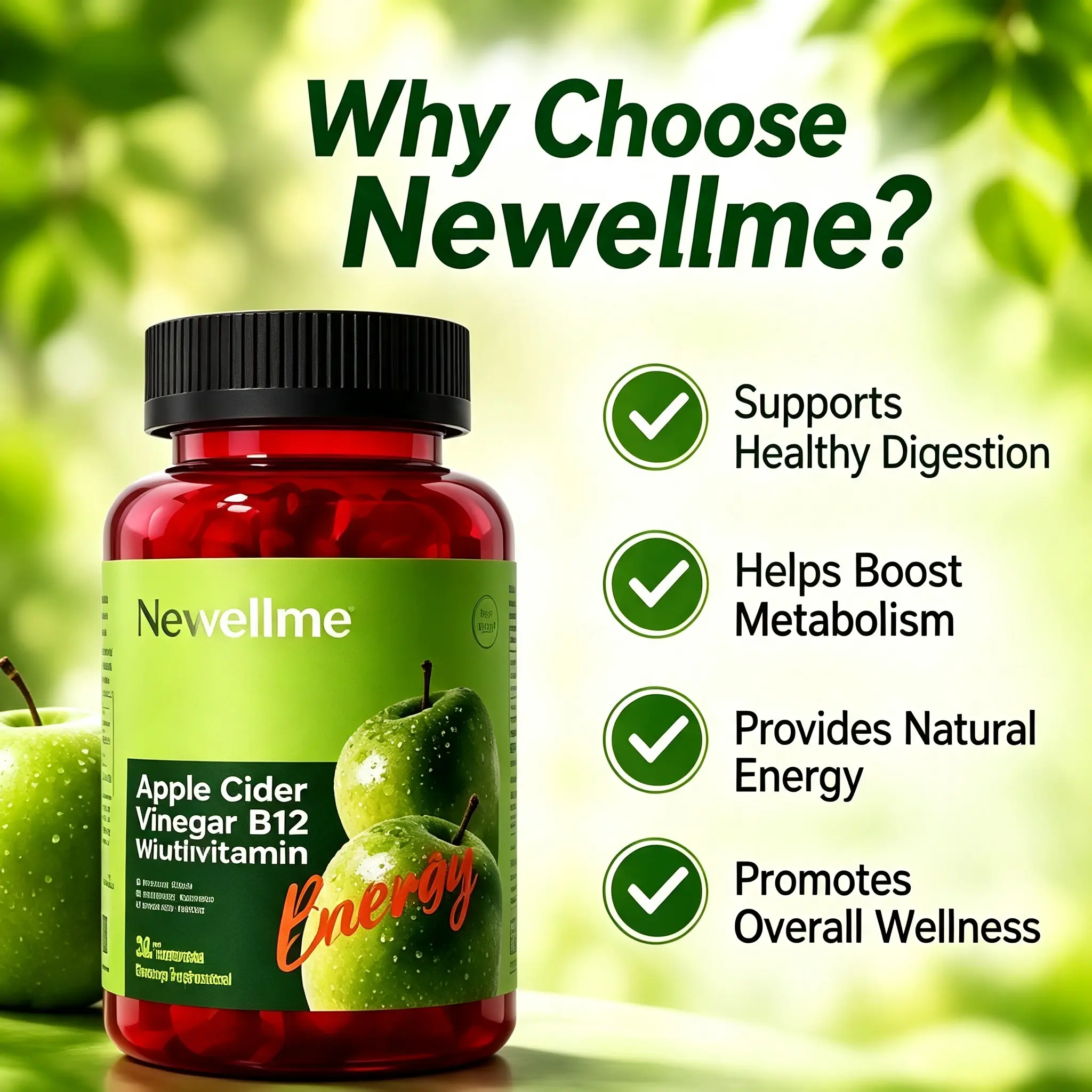 Newellme Apple Cider Vinegar Gummies Formulated to Support Normal Energy Levels - ACV Gummies W/VIT B12 Dietary Edible Fitness