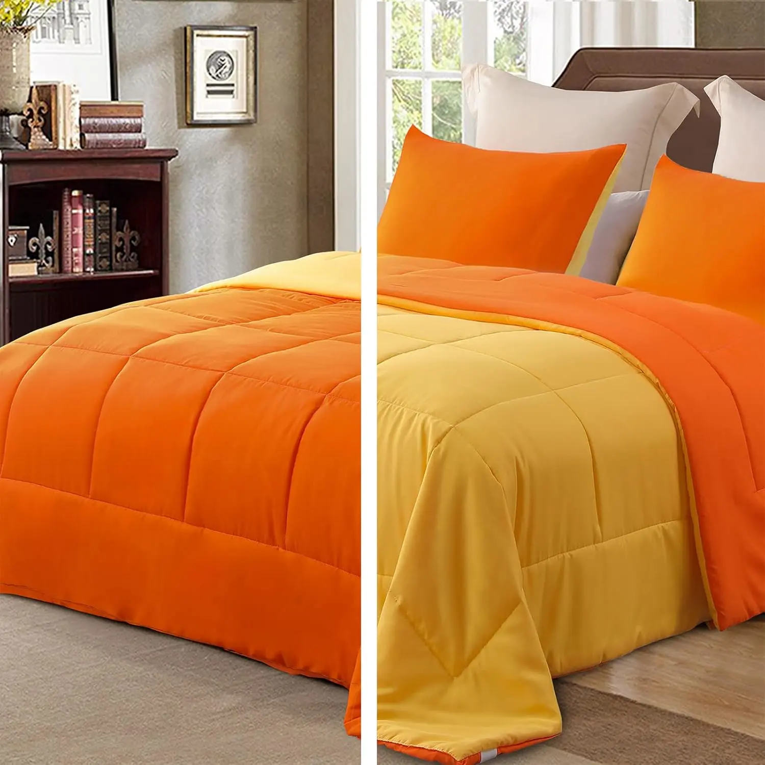 Super Queen Size 3-Season Microfibre Polyester Down Alternative Comforter Set with 2 Pillow Shams, Durable, Soft, Lightweight, Machine Washable, Orange, Noiseless, Exquisite Stitching