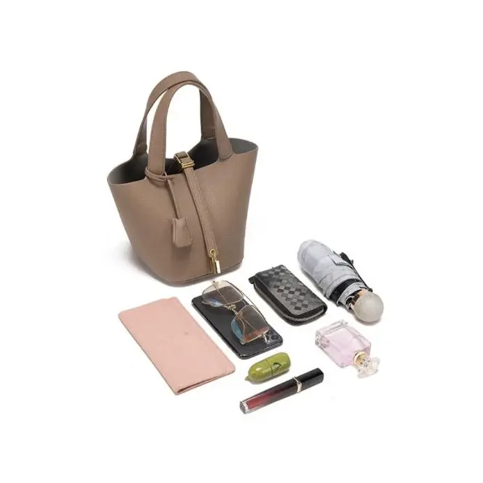 Classic Basket Style PU Leather Handbag for Women Chic Bucket Bag with Detachable Pouch Versatile Everyday Carry 15x18x18.5 Essential for Work Shopping Travel Minimalist Elegance french  style  bag crossbody bags for women shoulder bag