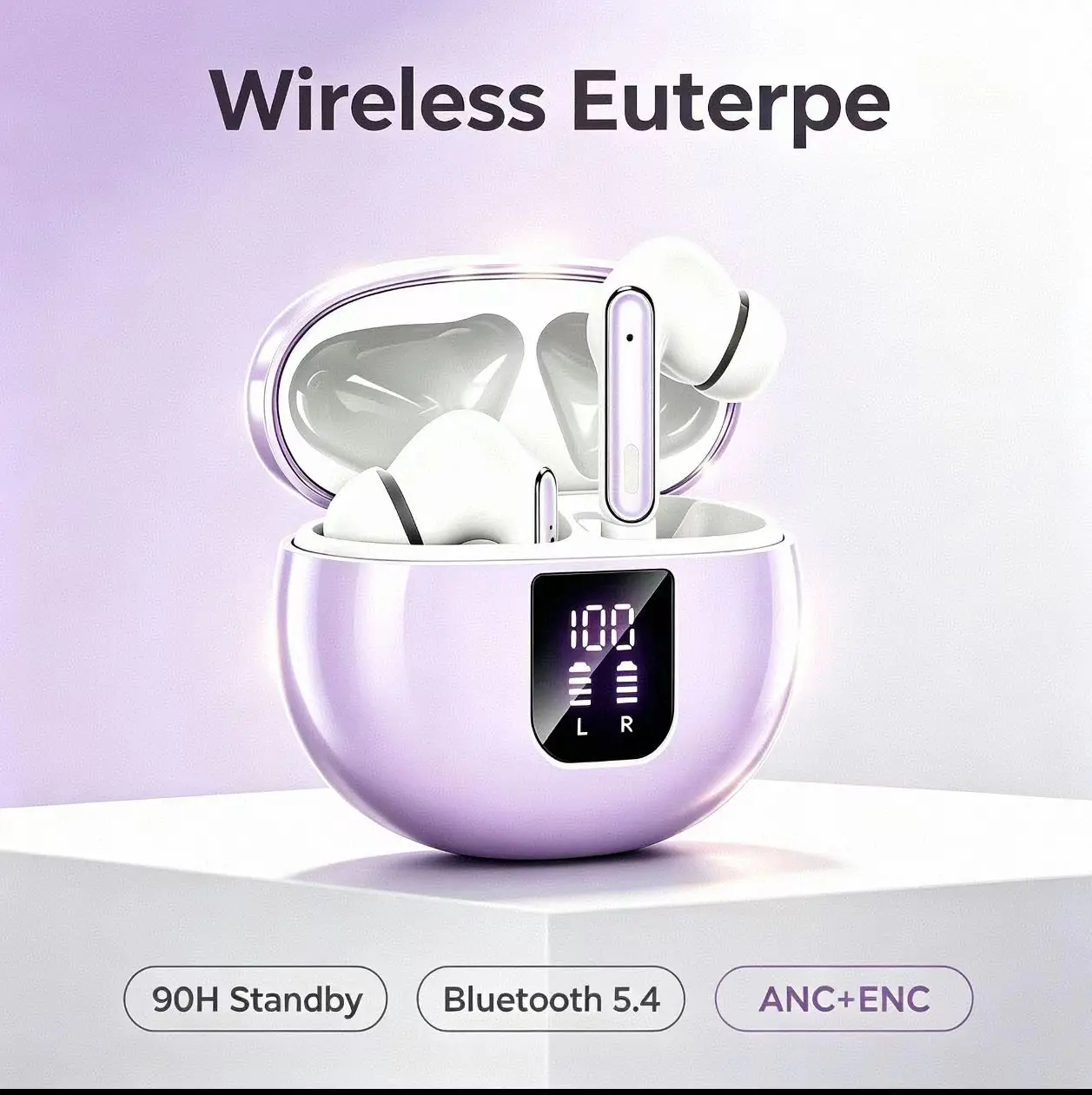 Euterpe Bluetooth5.4 ANC Noise Cancelling Earbuds, Hi-Fi Deep Bass Wireless Earphones, Smart Touch, LED Charging Case,90H Playtime,CVC Calls,Lightweight In-Ear Headphones for Commute Office Gym Travel, Affordable Budget Audio Gadgets for Men Women Transpa