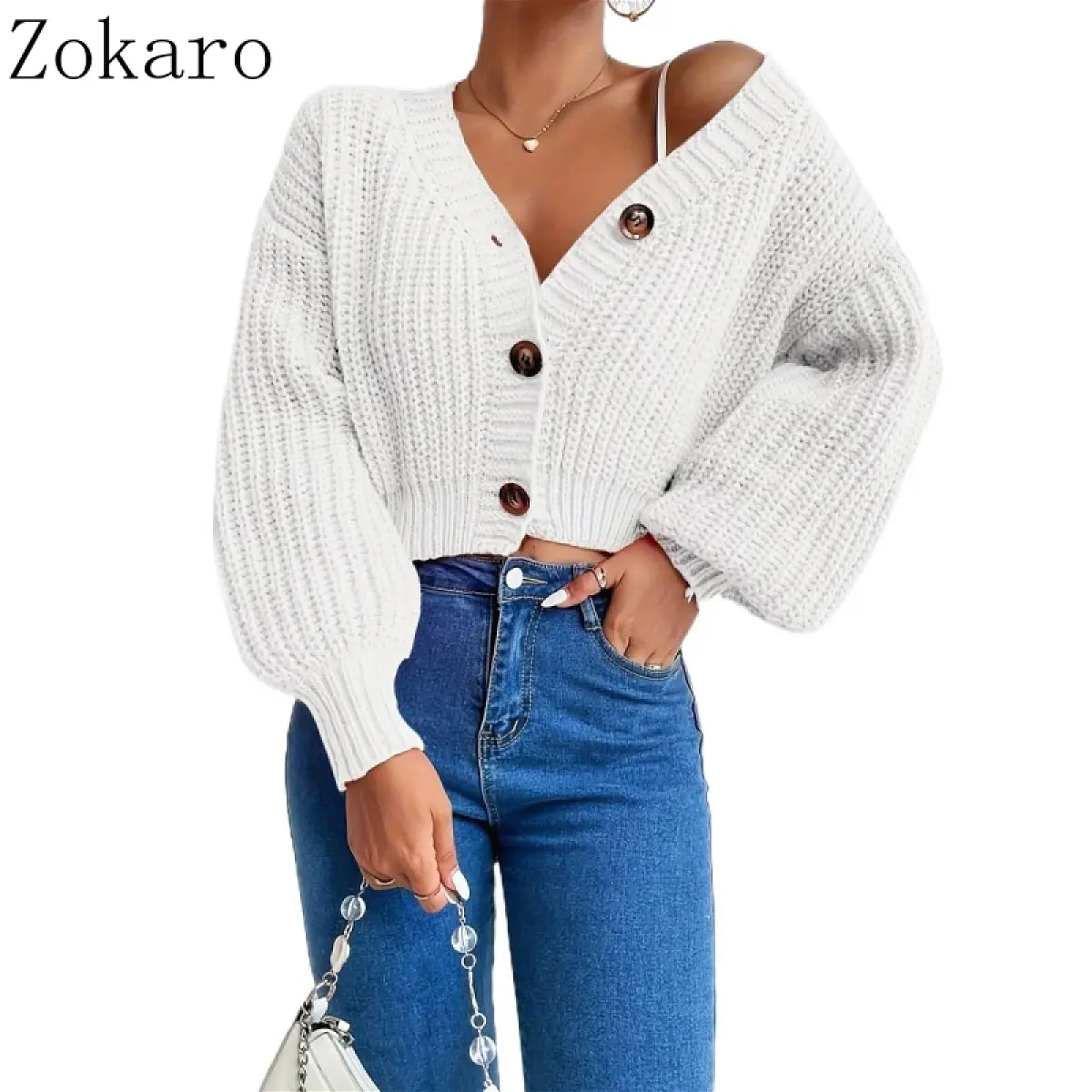 Open Front Lantern Sleeve Cardigan - Casual Off-Shoulder Sweater for Women, Perfect for Autumn and Winter Cozy Loungewear and Trendy Streetwear Styles Knitwear Womenswear