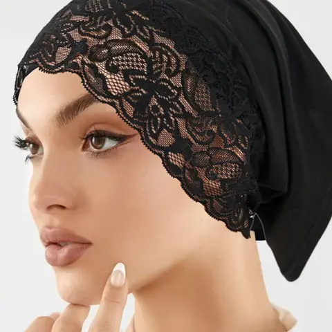 Women's Elegant Fashion Headscarf with Lace Patchwork Base Cap, Casual Stylish Versatile Hat, Perfect for Hijab, All Seasons New Arrival, Hijab Turban, Head Scarf Turbans