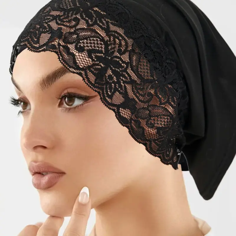 Women's Elegant Fashion Headscarf with Lace Patchwork Base Cap, Casual Stylish Versatile Hat, Perfect for Hijab, All Seasons New Arrival, Hijab Turban, Head Scarf Turbans