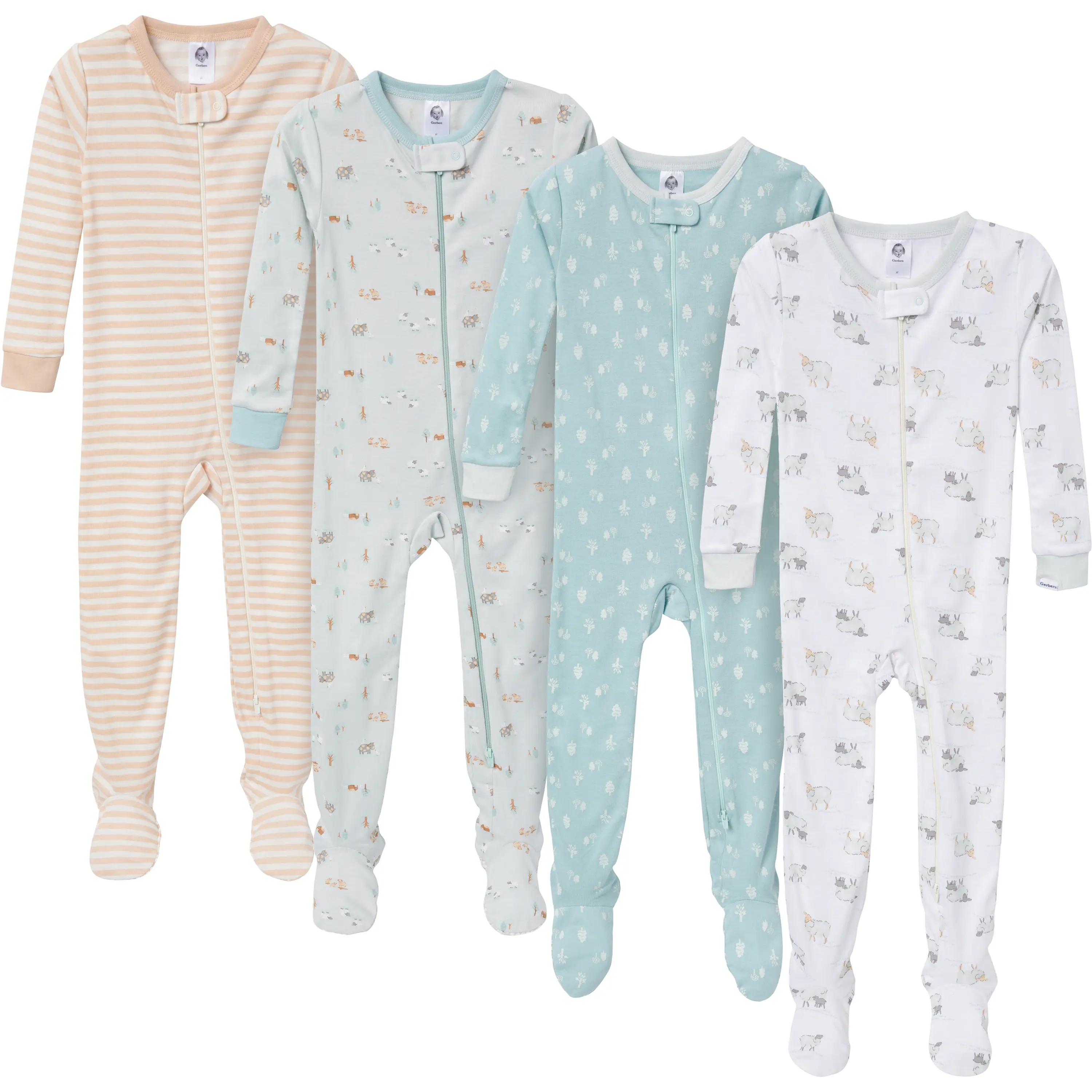 Gerber Toddler Pjs, Snug Fit Footed Pajamas for Boys and Girls, 4-Pack, Farm-Themed Baby Sleepwear