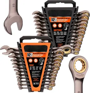 24- Ratcheting Wrench Set | Metric and SAE | Ratchet Combination Wrenches Set with Organizer | 72- | Chrome Vanadium Steel | 8-19 mm & 1/4 to 7/8