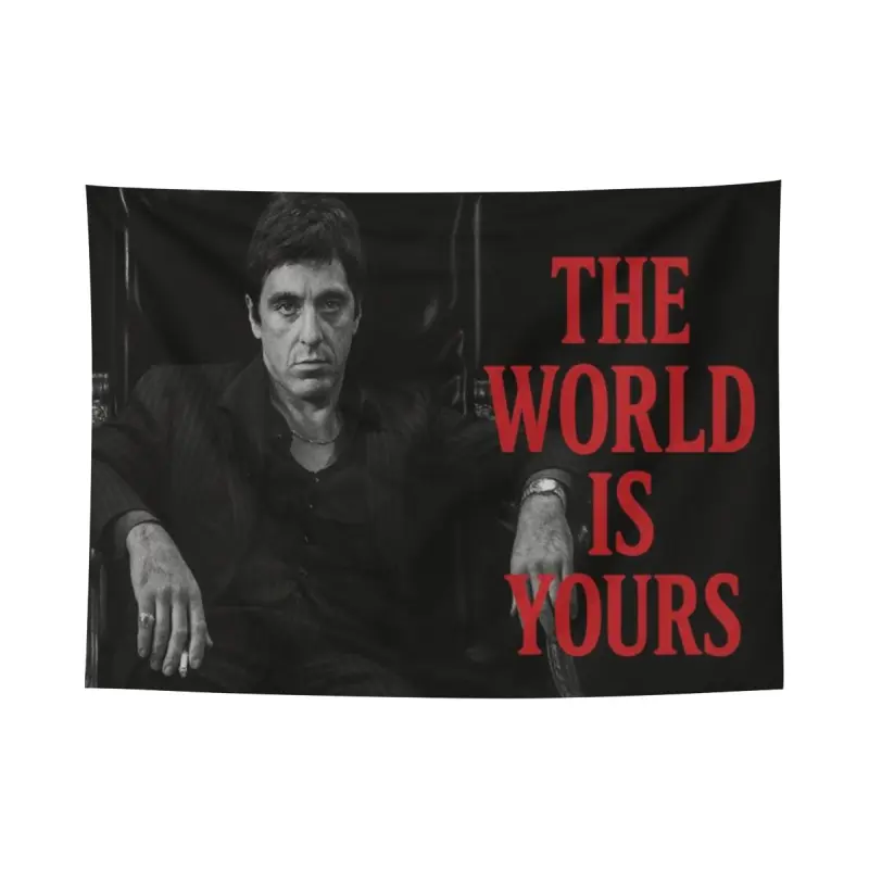 Scarface The World Is Yours Wall Flag, Classic Movie Print, Mid-century Modern Black Flash Manga Style, 80s Gangster Film Decor For Adult Fans, Y2K Dark Academia, Man Cave, Bedroom Tapestry
