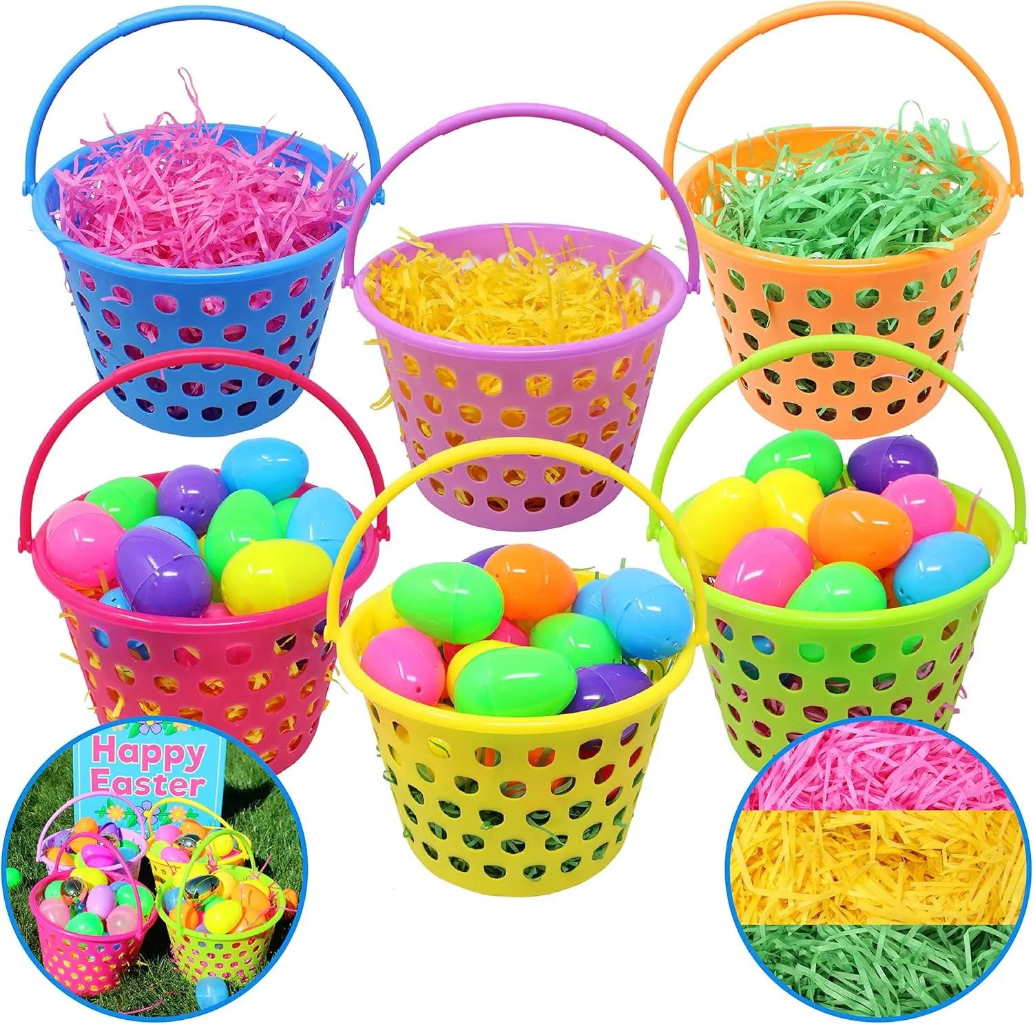 6 Pieces 8" Easter Plastic Baskets with Handle and 55g Tricolors Grass for Garden Party Favors, Easter Eggs Hunt, Goodies Goody, Basket Fillers Stuffers Toy Colorful Organiser