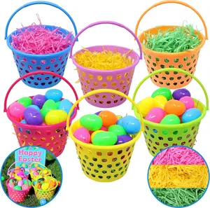 6 Pieces 8" Easter Plastic Baskets with Handle and 55g Tricolors Grass for Garden Party Favors, Easter Eggs Hunt, Goodies Goody, Basket Fillers Stuffers Toy Colorful Organiser
