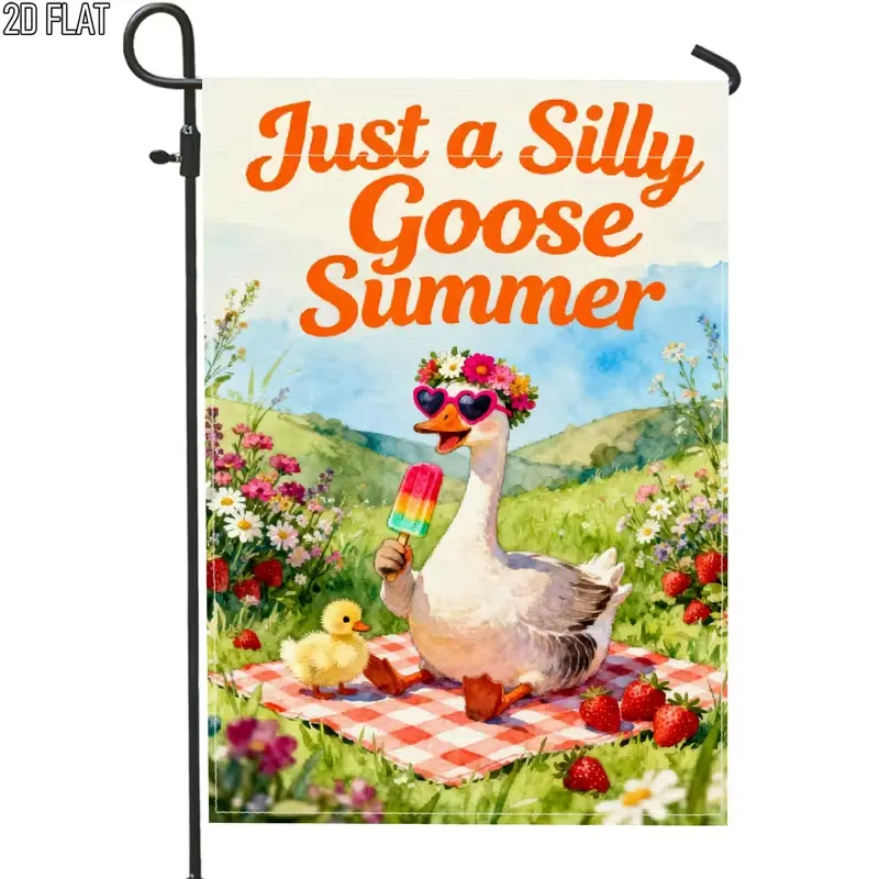 Just a Silly Goose Summer Garden Flag Cute Floral Goose with Baby Duck Strawberry Picnic Yard Flag Summer Outdoor Decorations for Lawn Patio Farmhouse Funny Silly Goose Summer Garden Flag Summer Yard Decor Flag for Outside Home