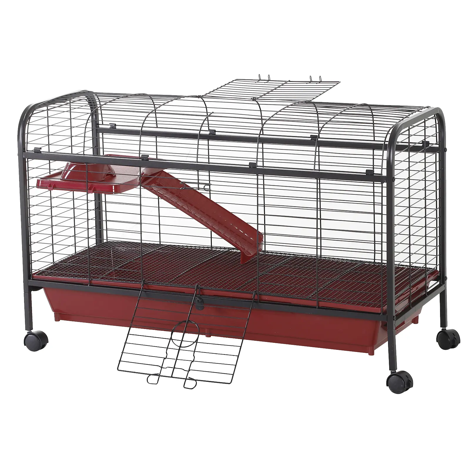 Portable Wheeled Small Animal Play House for Rabbits & Ferrets - Lockable Brake Casters, 2-Tier Layout with Feeder, Smooth Ramp to Upper Platform, Large Lift-Open Top, Multi-Side Doors, 7" Deep Anti-Spill Tray