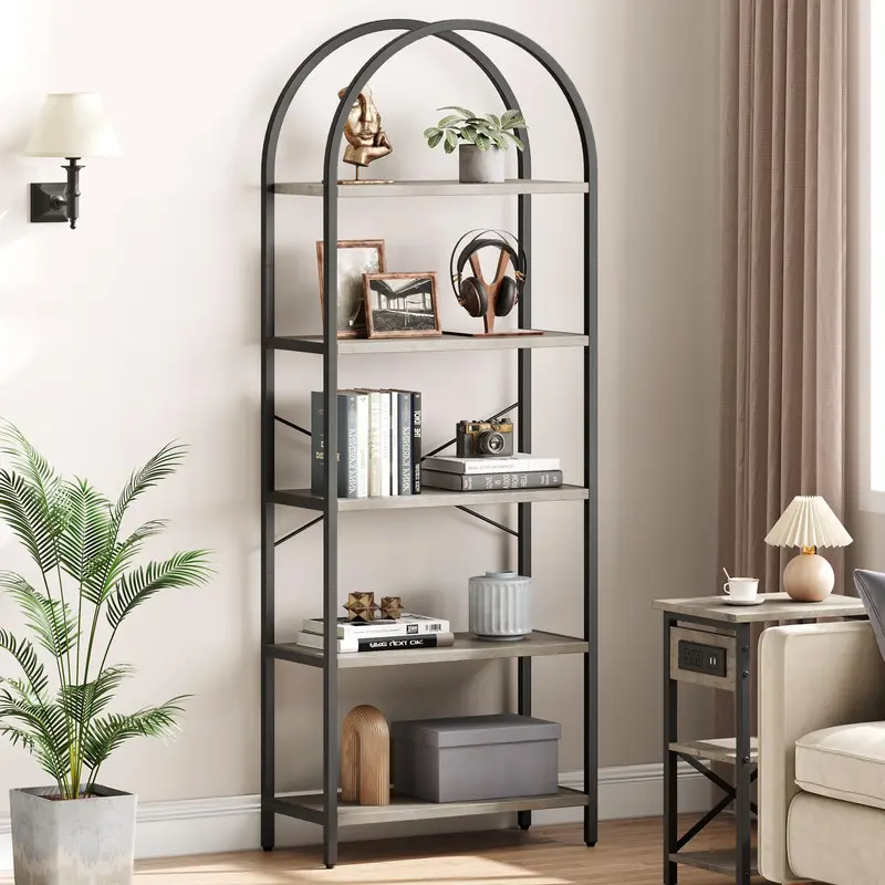 Grey Industrial 5-Tier Arch-Shaped Metal Steel Frame Display Shelf - High-Density MDF Adjustable Shelves, Adjustable Legs, Organiser with Strap for Home Office Accessories, Home Library, Multilayer Storage