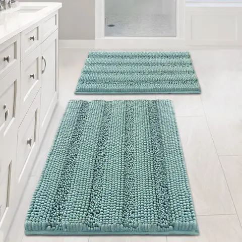 H.VERSAILTEX 2-Piece Non-Slip Black Striped Rectangle Bathroom Rug Set - Luxury Extra Thick Chenille, Microfiber Soft Absorbent, Durable Anti-Slip Waterproof Doormats for Modern Bathroom Decor Set