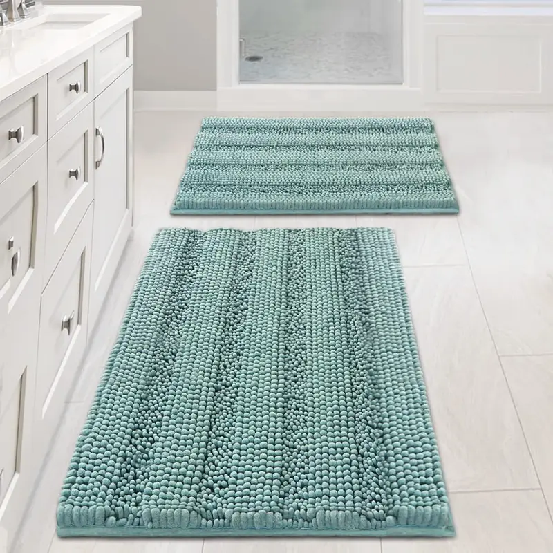H.VERSAILTEX 2-Piece Non-Slip Black Striped Rectangle Bathroom Rug Set - Luxury Extra Thick Chenille, Microfiber Soft Absorbent, Durable Anti-Slip Waterproof Doormats for Modern Bathroom Decor Set