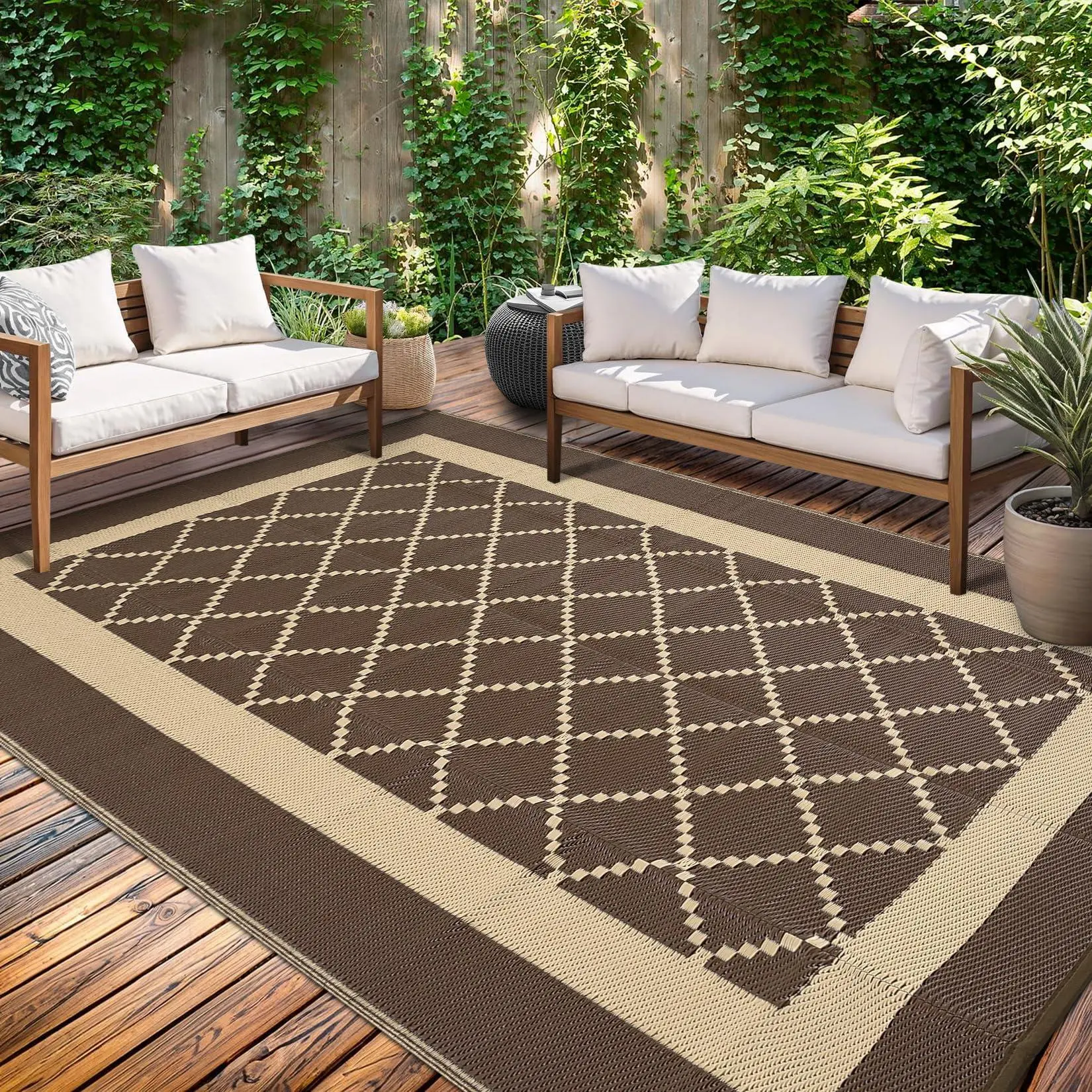 Large Outdoor Rug Waterproof Reversible Mat Camping Rugs with 4 Stakes & Portable Bag Indoor Outdoor Rugs Carpet Plastic Straw Rug for Patio Deck Balcony Pool RV Camping, Brown Coffee