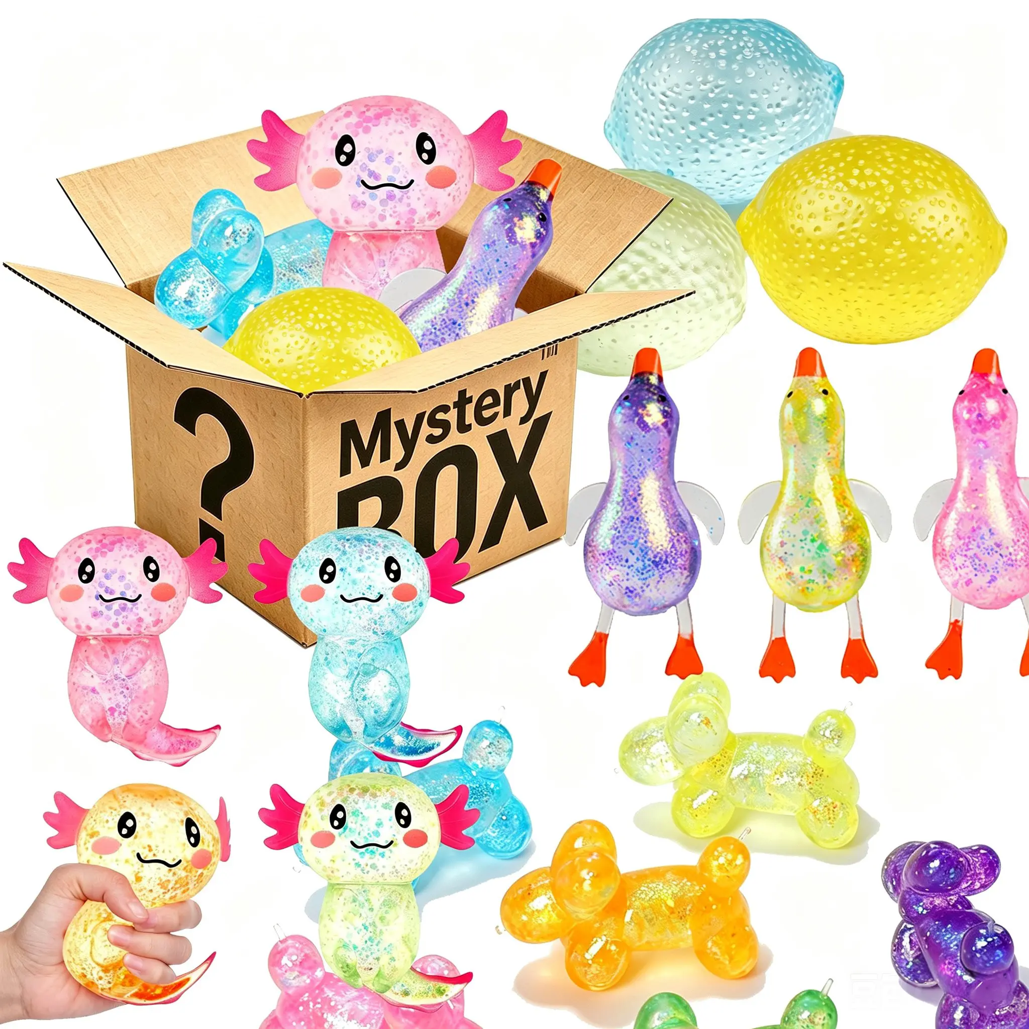 4-Pack Soft Marshmallow Squeeze Toys (4 pieces per box, unique designs) — includes marshmallow duck, marshmallow salamander, marshmallow balloon dog, and marshmallow lemon — perfect as Halloween and birthday gifts.