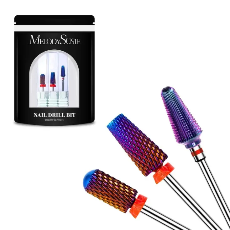 MelodySusie 3Pcs Nail Drill Bits Set, 3/32'' Carbide Tungsten Bits, 5 in 1, Smooth Round Top Large Barrel and Tornado Bits, Suitable for Manicure Pedicure Cuticle Gel Acrylic Remover, Purple
