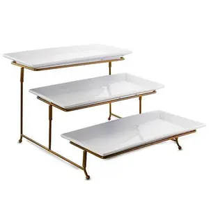 Gibson Elite 3-Tier Rectangle Porcelain Plate Set w/ Gold Metal Stand