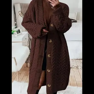 Plus Size Women's Long Knit Cardigan Sweater, Casual Loose-Fitting Button Front, Fall & Winter Fashion, Plain Color, Moderate Fabric