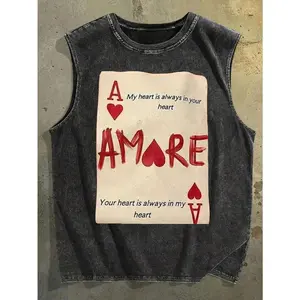 Men's 240g Pure Cotton Washed Sleeveless Vest - Pattern & Letter Print, Christmas-Ready, Stretch Fabric, Reinforced Hem, Heavyweight Menswear for Spring/Summer Daily Wear