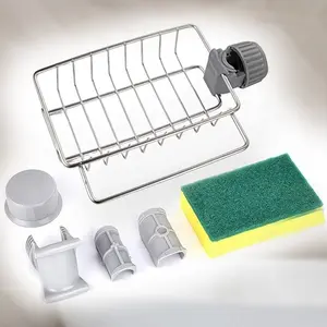 Adjustable Stainless Steel Faucet Rack with Durable Clips and Sponge Holder for Kitchen Organization