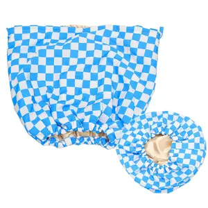 Thickened three-layer waterproof shower cap, adjustable tightness, stylish plaid design for skin and hair care,summervibes