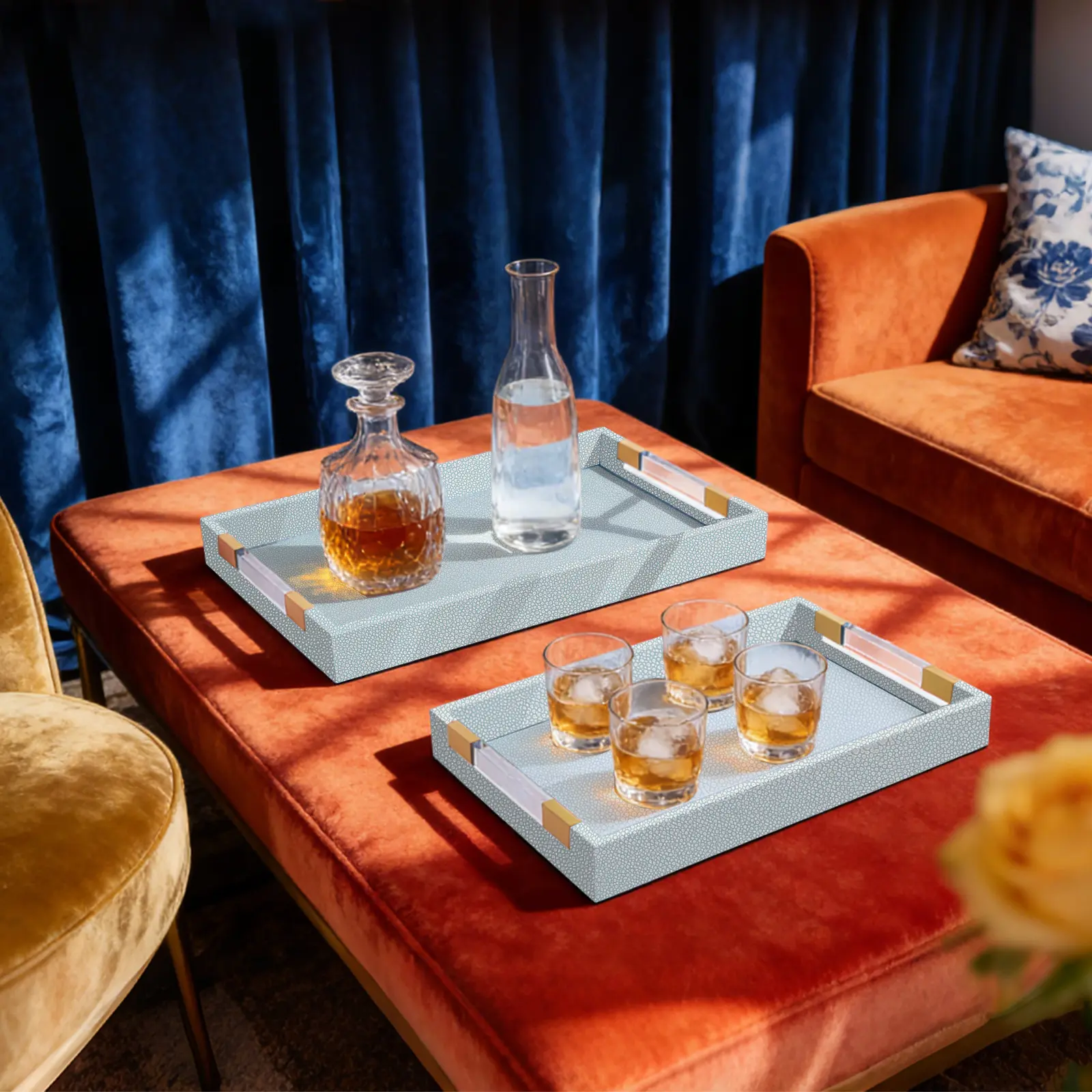 2 Pack Large Ottoman Tray Shagreen Decorative Tray Serving Tray with Acrylic Gold Handles, Ice Blue Vegan Leather Coffee Table Tray for All Occations Home Decor(Light Aqua)