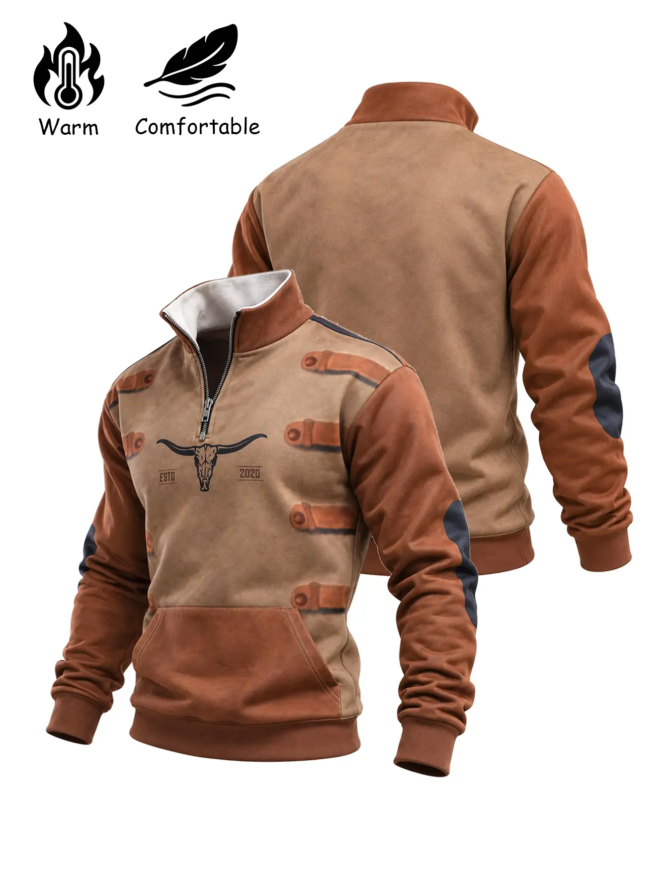 Men's Quarter Zip Graphic Sweatshirt with Longhorn Bull Skull Print, Stand Collar and Kangaroo Pocket, Western Streetwear Pullover for Fall Casual Outfits, Cowboy Style and Everyday Wear