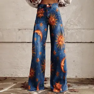 Fashionable printed flared jeans for Oversize style Womenswear Bottom Streetwear Trouser Comfort Pants Baggy Khdz1 Loose